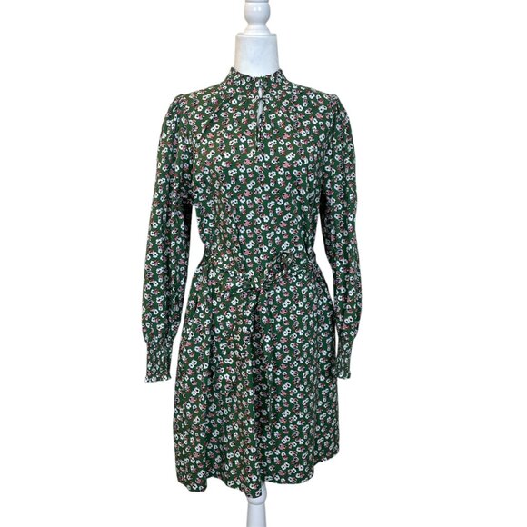 Boden Floral High Neck Shift Long Sleeve Dress Green Tie Belt Dress Size 14 - Picture 2 of 11